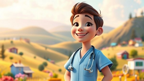 Funny animated vet character in colorful cartoon setting.