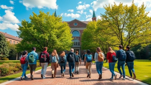 Students walking towards university building on a sunny day - future Buckeyes.