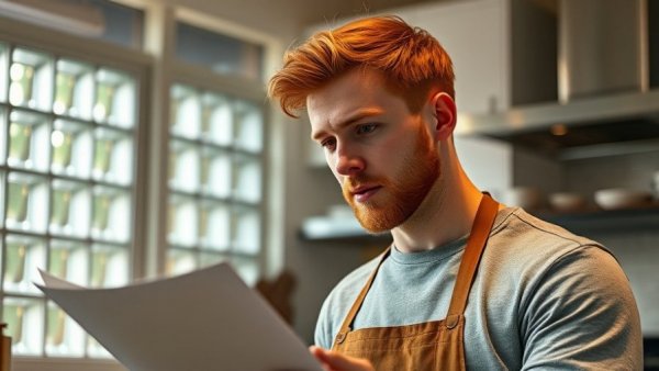 Focused man in kitchen reading instructions, highlighting heat training for exercise.