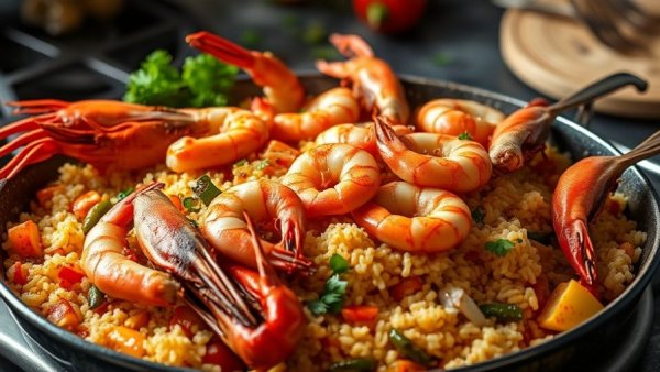 Vibrant seafood paella from healthy dining Ohio menu.