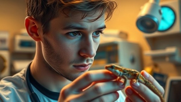 Young man carefully examines a gecko in a medical setting.