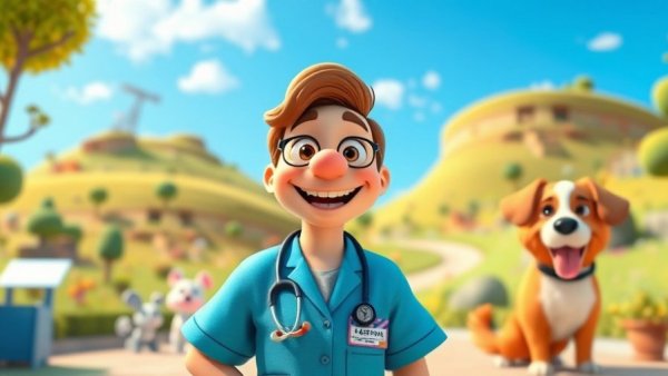 Funny pet cartoons featuring a colorful animated vet ready to help.