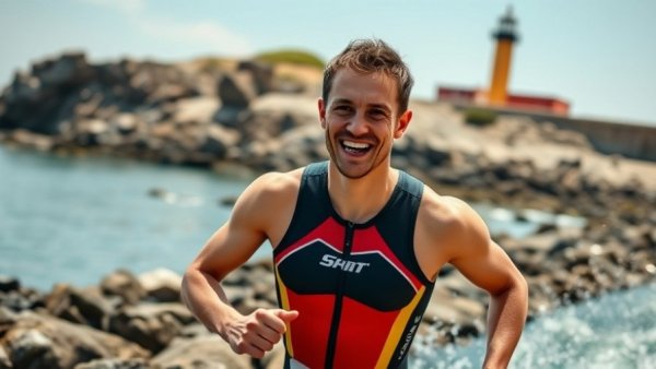 Triathlon athlete on rocky coast near lighthouse.