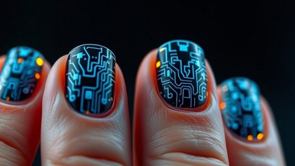 AI Discoveries: Fingertips with microchip-embedded nails, cutting-edge tech design.