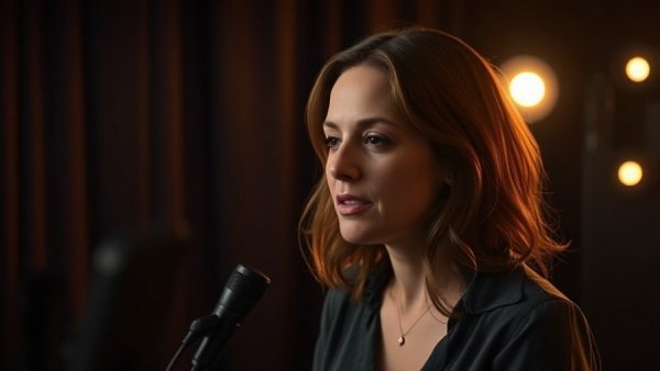 Woman discusses emotional challenges veterinarians face, studio setting.