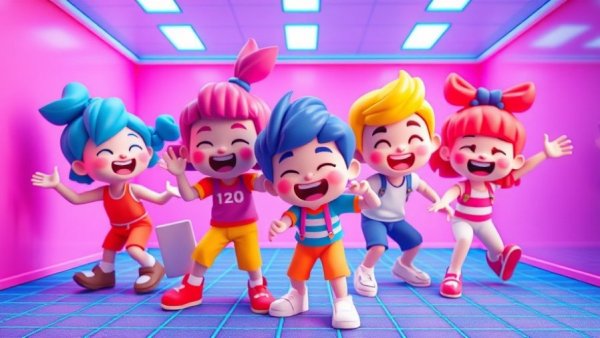 Voxel characters in playful digital scene, colorful and vibrant.