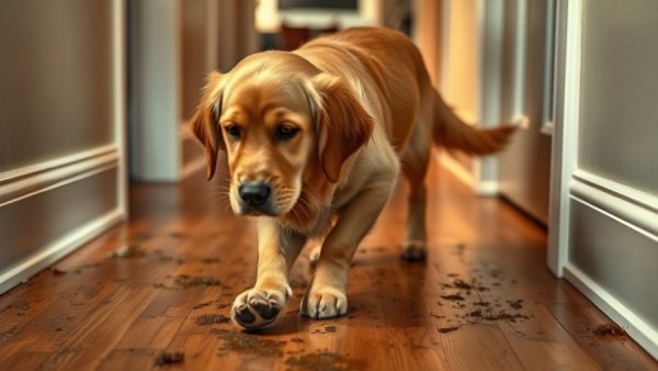 Golden Retriever Muddy Mess in a hallway with paw prints.