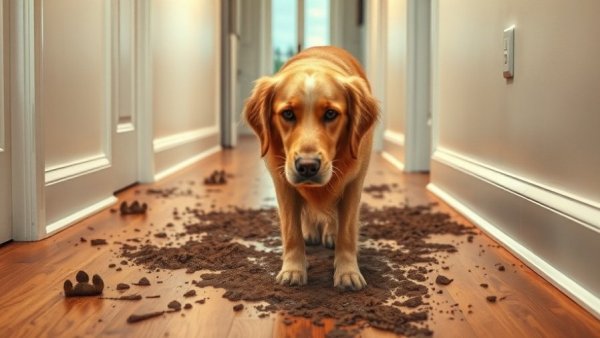 Golden retriever with muddy footprints in hallway looking guilty.