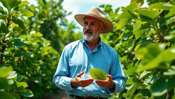 Man discussing breba figs in a lush garden setting.