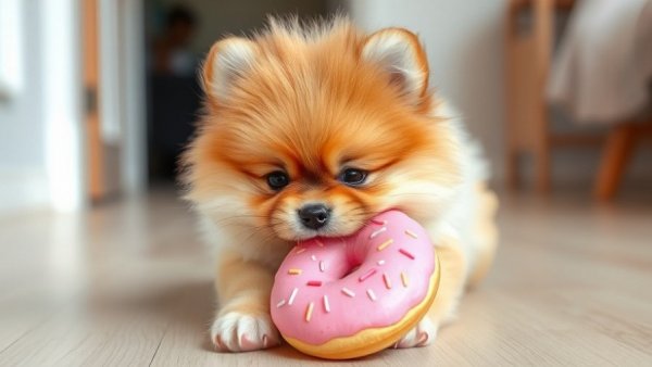 Adorable Pomeranian puppy playing with donut toy, seeking 24 hour veterinarian near me.