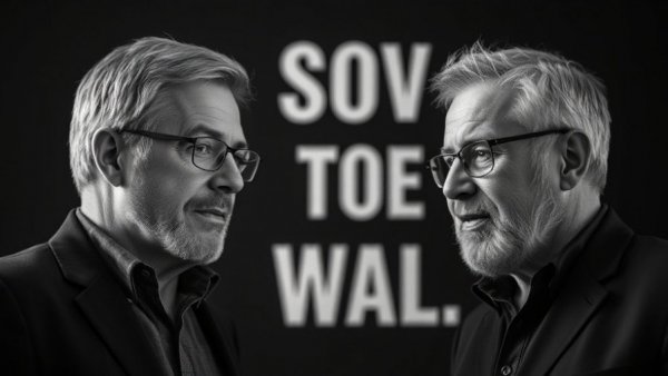 Black and white portrait of two men discussing male drive