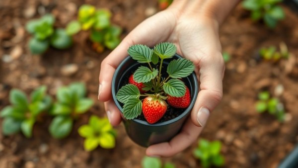 Strawberry planting guide: hand holding strawberry plant in pot