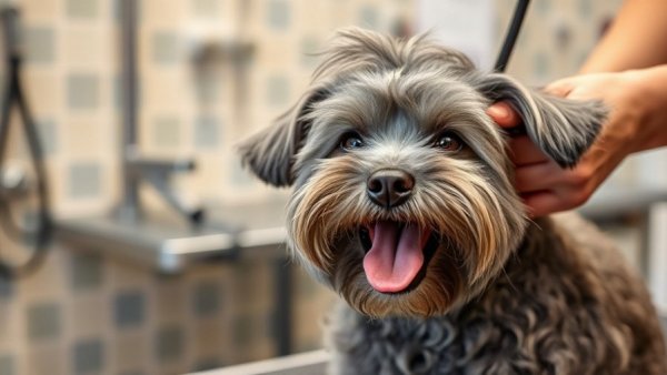 Dog grooming tips in action with a gray dog being groomed.