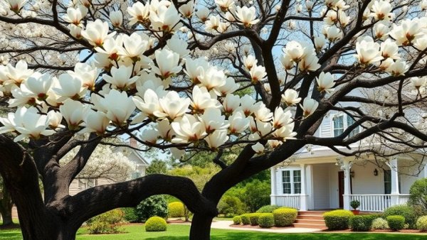 Old magnolia tree with blooms in a sunny garden setting.