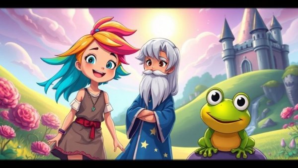 Colorful cartoon scene with characters in a fantasy setting.