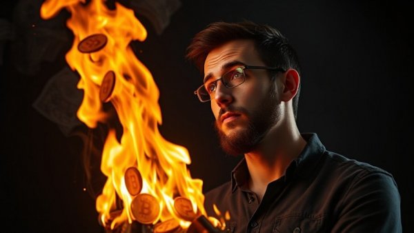 Token Maxxing concept with burning digital tokens and thoughtful man.