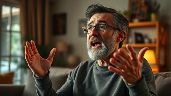 Enthusiastic person talking in a cozy living room scene.