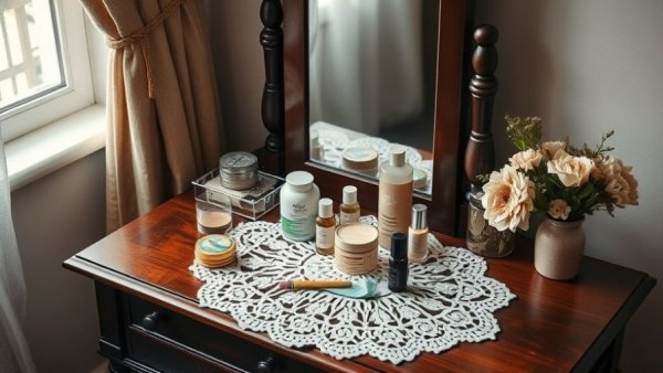 Elegant vanity table with skincare products promoting plant-based diet benefits for skin health.