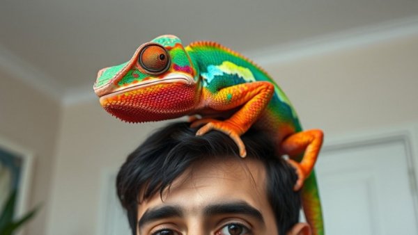 Chameleon sitting humorously on a person's head with text overlay.