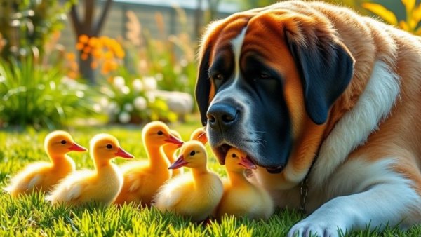 Big dog in a garden with ducklings, highlighting friendly bond.