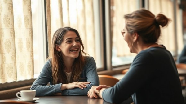 Young woman enjoying conversation in a cafe, relating to triathlon.