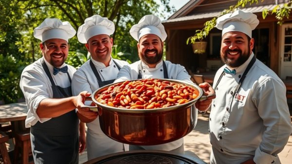 Chefs presenting BBQ beans recipe outdoors, smiling, sunny day.