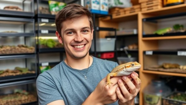 Man holding crested gecko in reptile room, discussing gecko egg-laying.