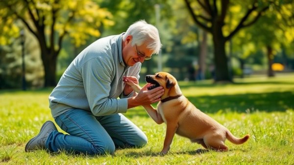 Pet Lovers Tips: Man and puppy playing in sunny park.