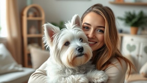 Young woman with Westie, cozy home, traveling with pets guide.