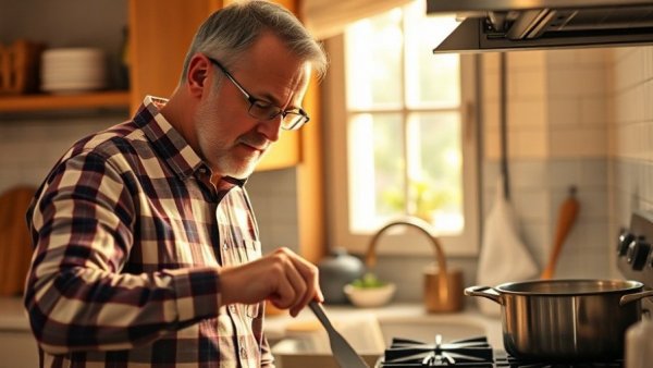 Middle-aged man creating a DIY skin barrier for allergic pets in kitchen.