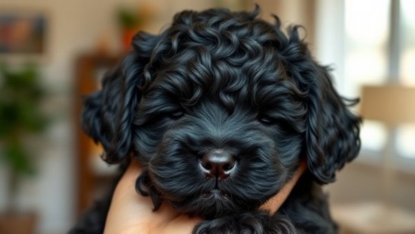 Curly black puppy held indoors, photorealistic lifelike image.