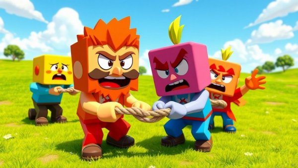 Colorful block-style characters in a playful cartoon tug of war.