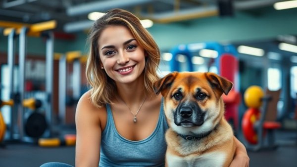 Woman with a puppy in a gym, portable travel pet kennel nearby.