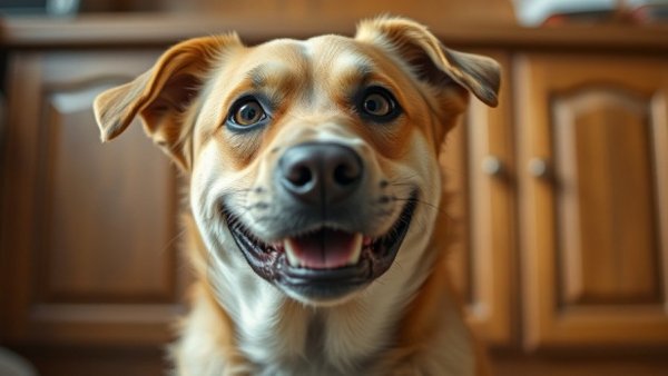 Hilarious dog antics: playful tan dog with a cheeky smile indoors.