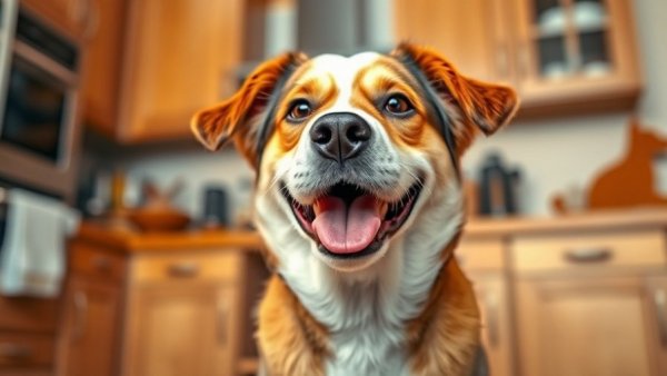 Hilarious dog moments with a smiling dog in the kitchen.