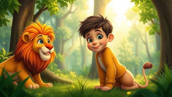 Free AI video generator creates cartoon scene in a forest with boy and lion.