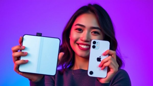 Apple folding iPhone Ultra unveiled by smiling woman against a vibrant backdrop.