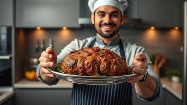 Confident chef showcasing the only meatloaf recipe you need in a modern kitchen.