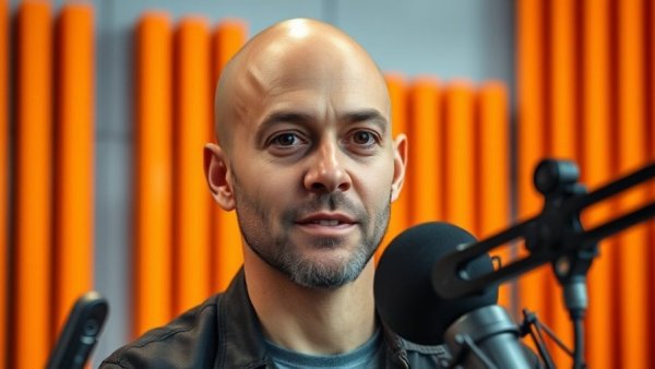 Confident speaker discussing content optimization in a podcast studio.
