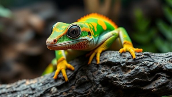 High color Leachianus gecko on a branch in a terrarium.