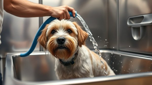 Dog being rinsed in a stainless steel grooming tub with blue hose, illustrating how to take care of a dog.