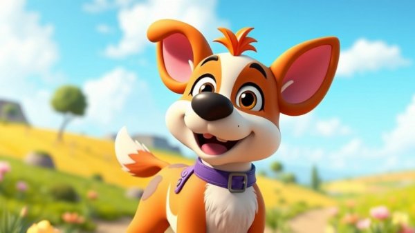 Funny pet cartoons featuring a cheerful cartoon dog outdoors.