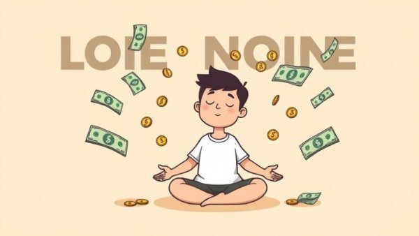 Japanese money habits cartoon character meditating with money.
