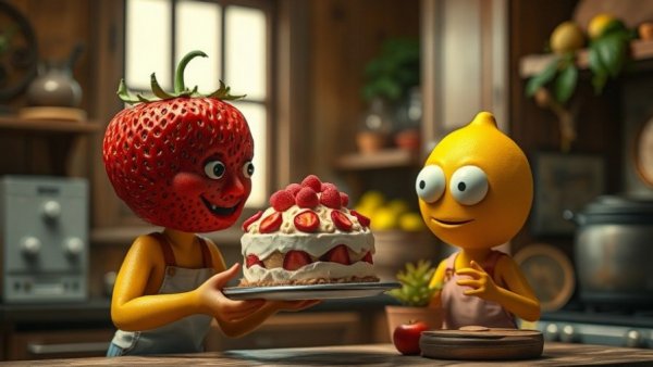 AI-Generated Content Creation in whimsical fruit claymation scene.