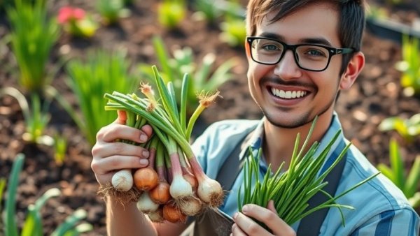 Gardener proud of growing container onions in pots outdoors.
