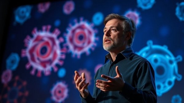 Cinematic image of speaker discussing cancer and healthy food.