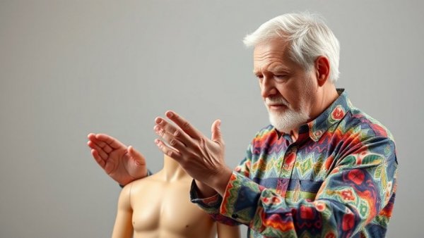Elderly man demonstrates thoracic mobility techniques using a mannequin.