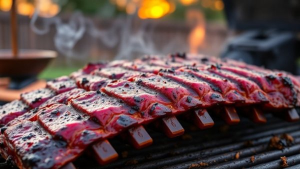Best smoked dino ribs at sunset, juicy and tender in BBQ setting.