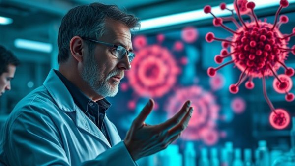 Doctor discussing how to starve cancer cells with colorful molecular visuals.
