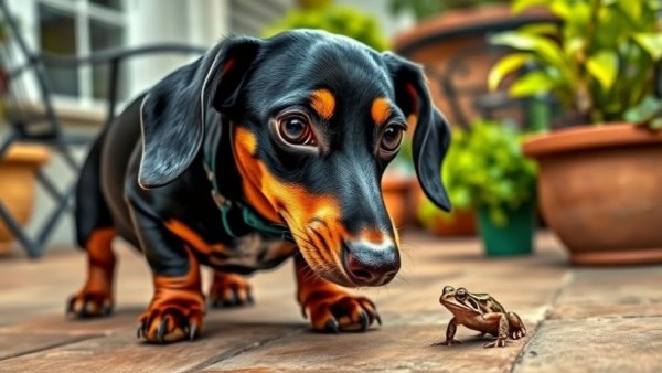 Curious dachshund observing a frog, showcasing pet behavior problems.